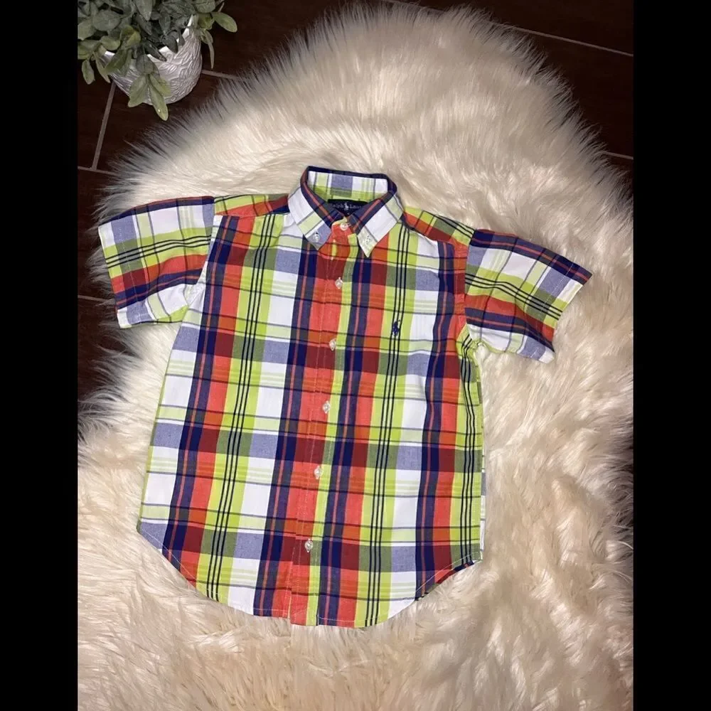 Ralph Lauren orange/lime green/white/royal blue button down boys sz 5